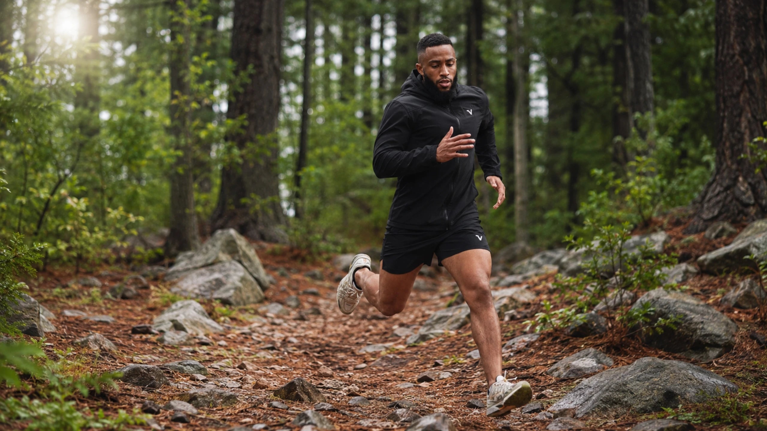 Man running outdoors wearing Veritone performance activewear