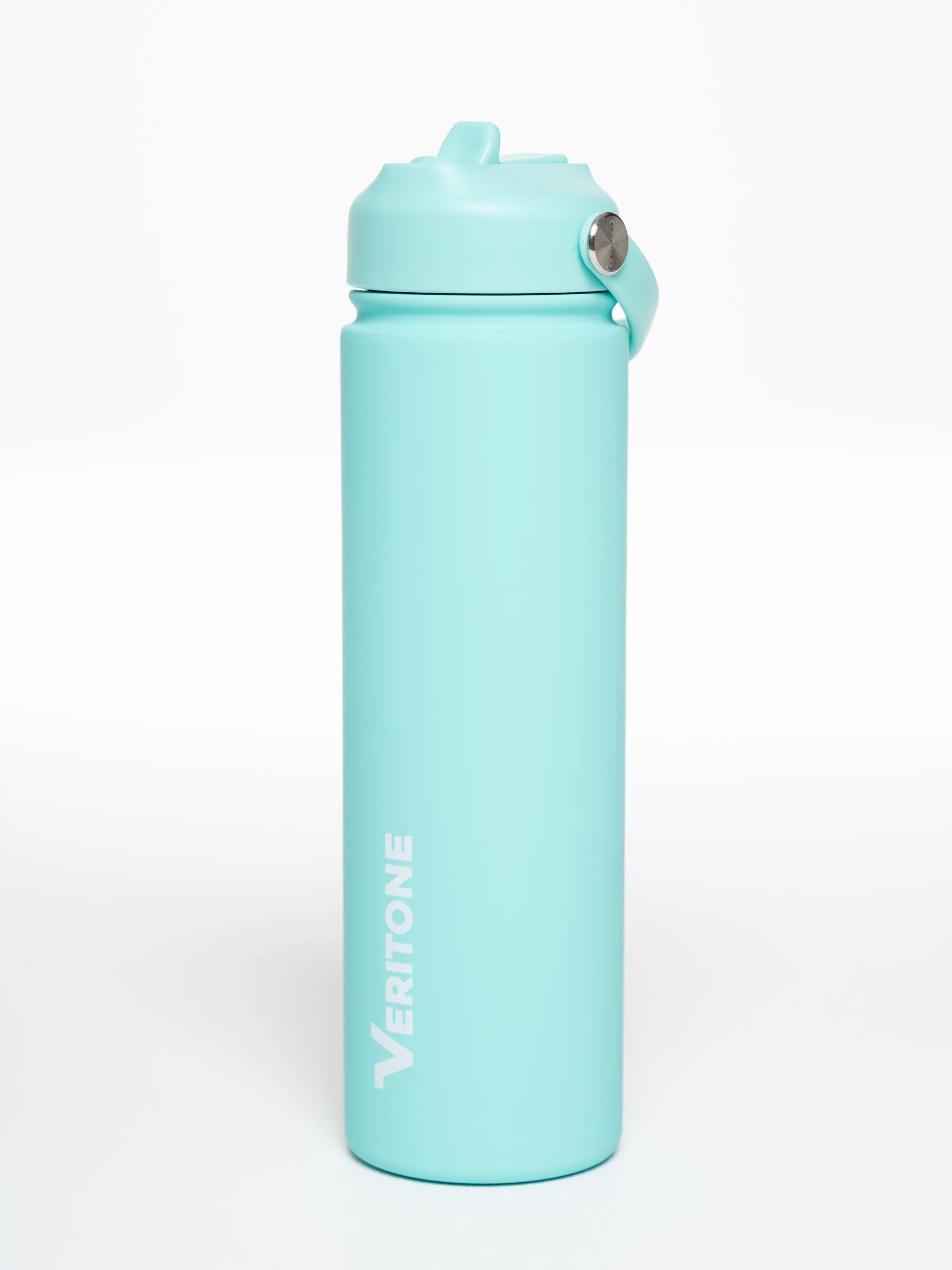 Veritone Hydration Bottle, Aquatic Aqua – Light blue water bottle with a white brand logo on a white background