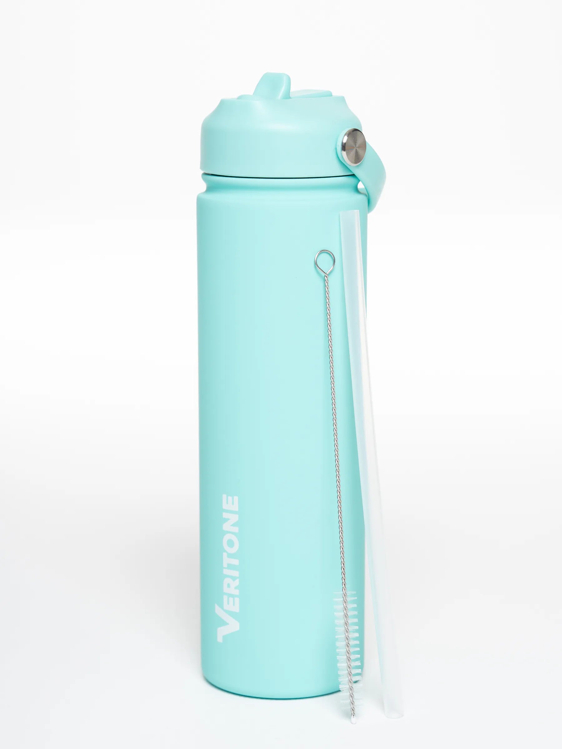 Veritone Hydration Bottle, Aquatic Aqua – Light blue water bottle with straw and  cleaning brush on a white background.