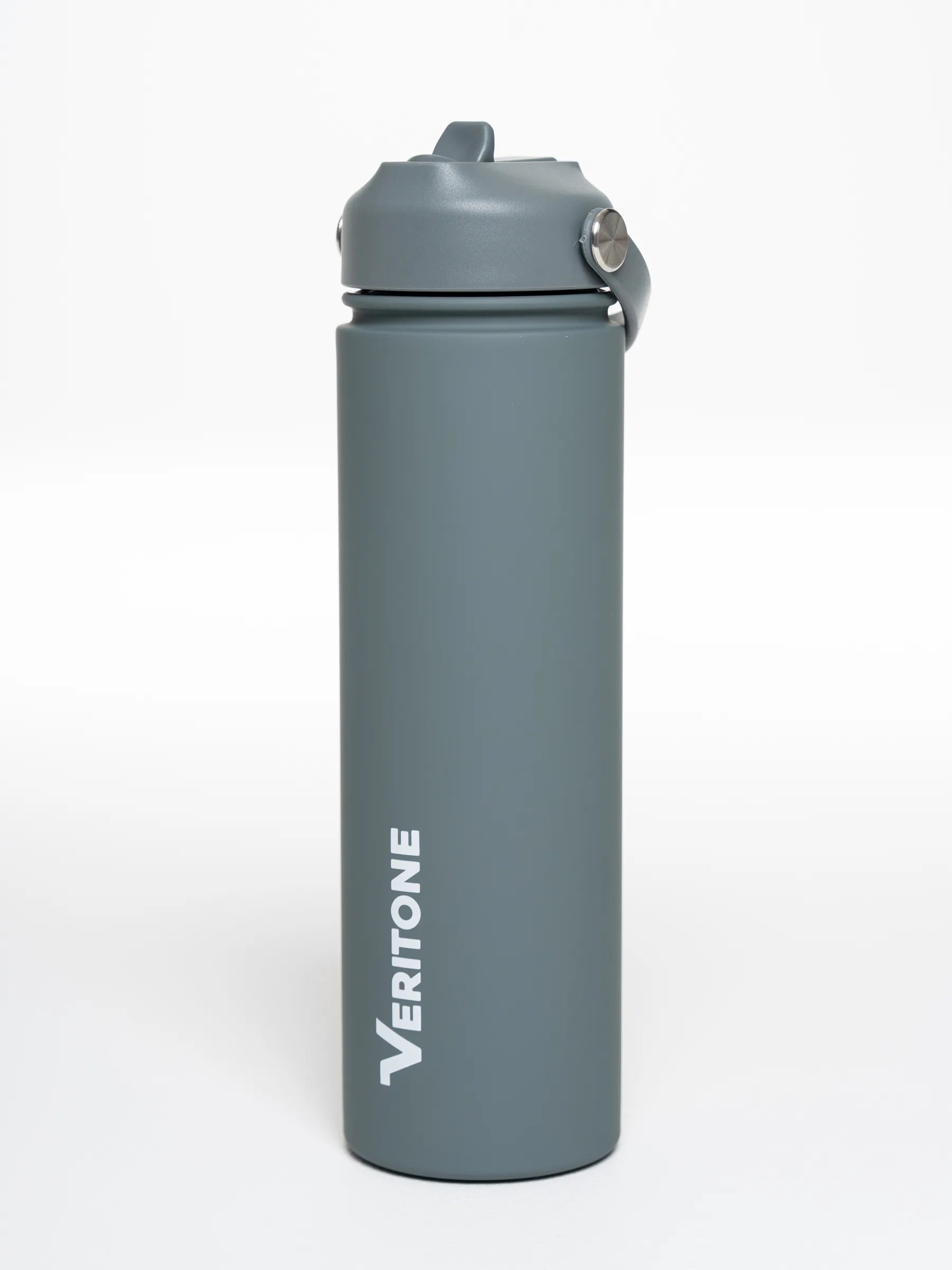 Veritone Hydration Bottle, Charcoal Grey – Gray water bottle with 'Veritone' logo on a white background