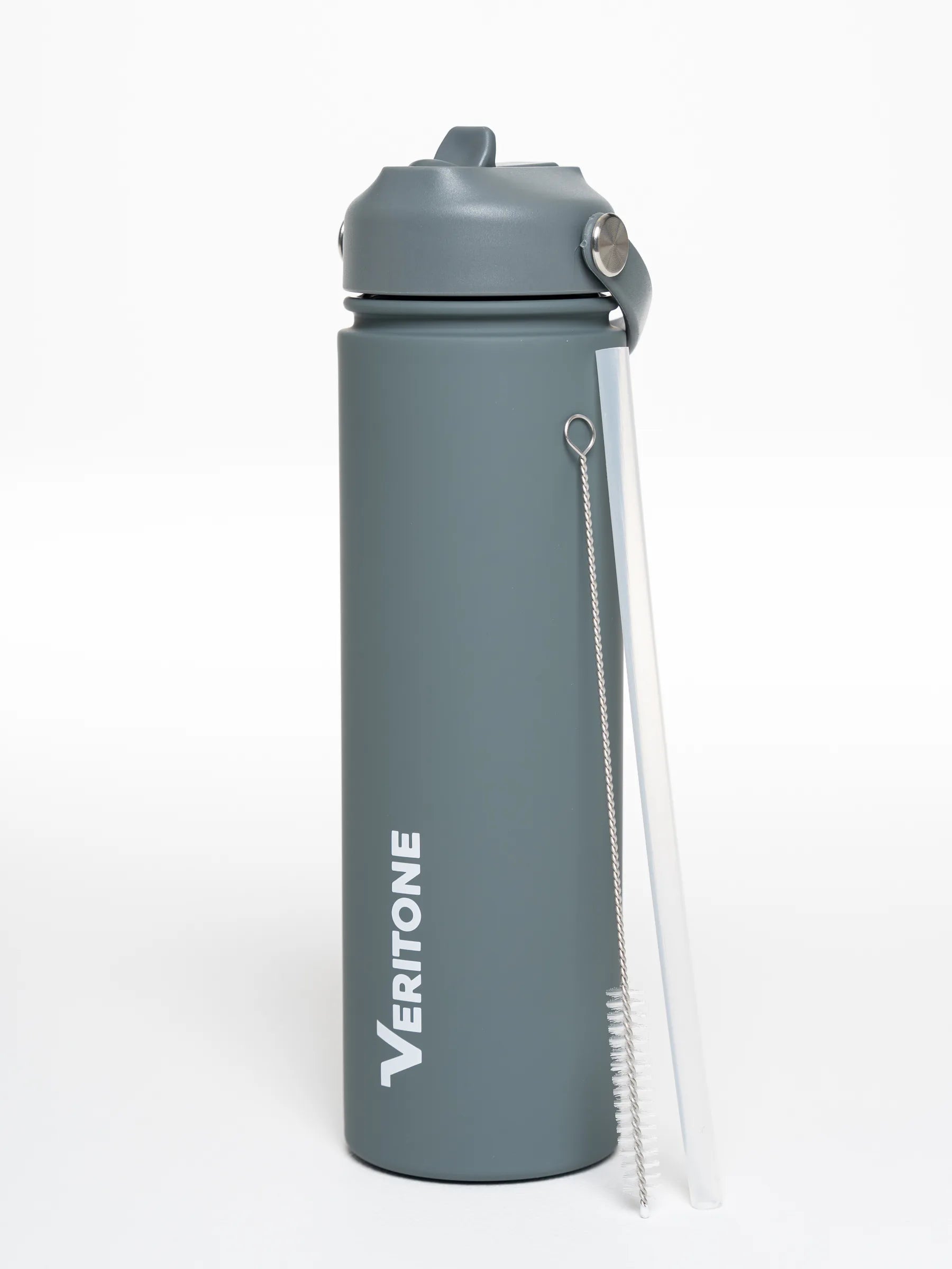 Veritone Hydration Bottle, Charcoal Grey – Gray water bottle with a straw and 'Veritone' branding on a white background