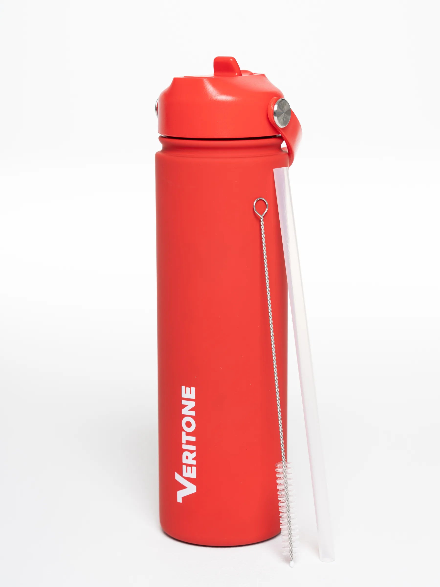 Veritone Hydration Bottle, Crimson Red – Red water bottle with a straw on a white background