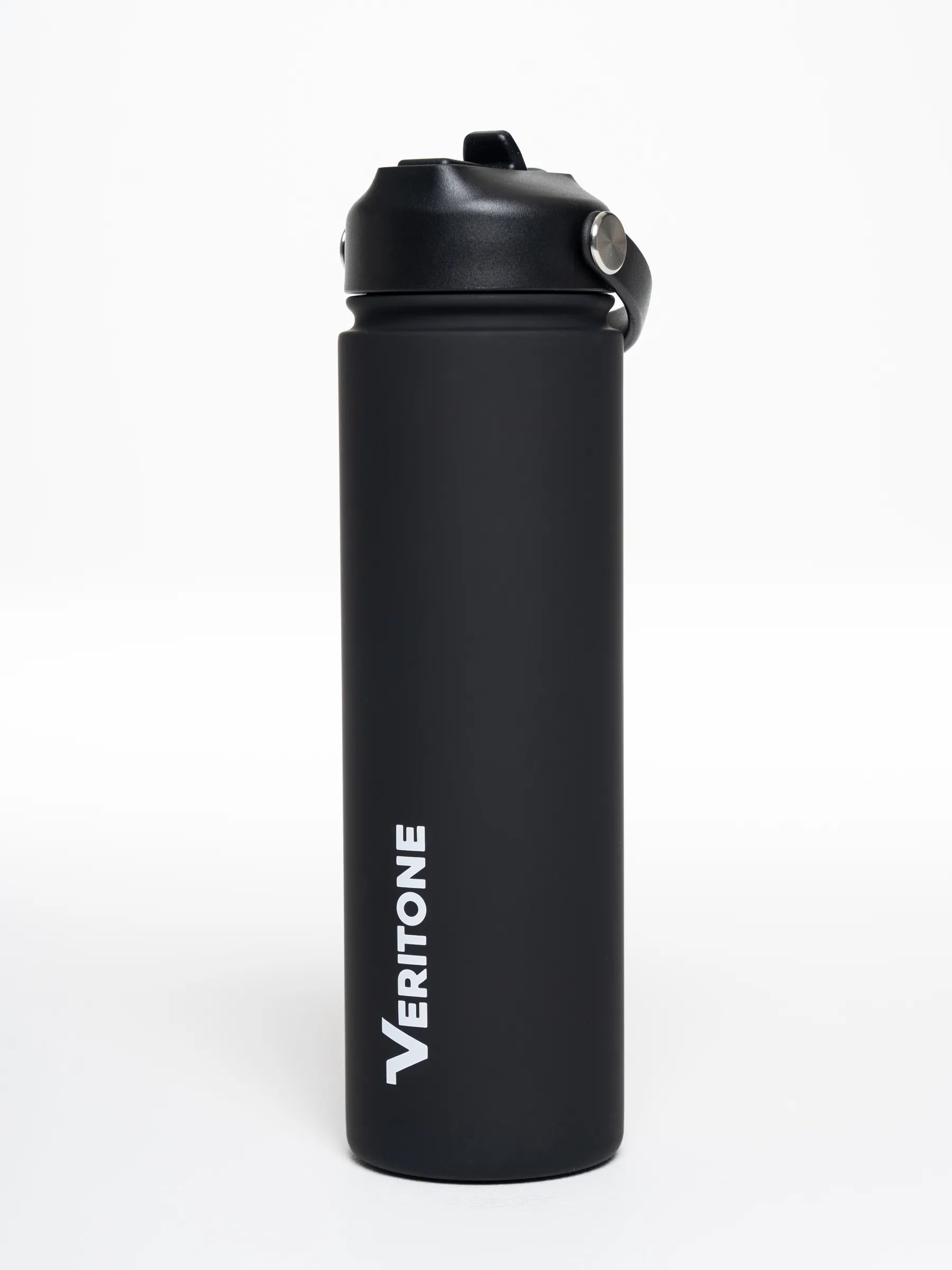 Veritone Hydration Bottle, Midnight Black – Black water bottle with 'Veritone' logo on a white background