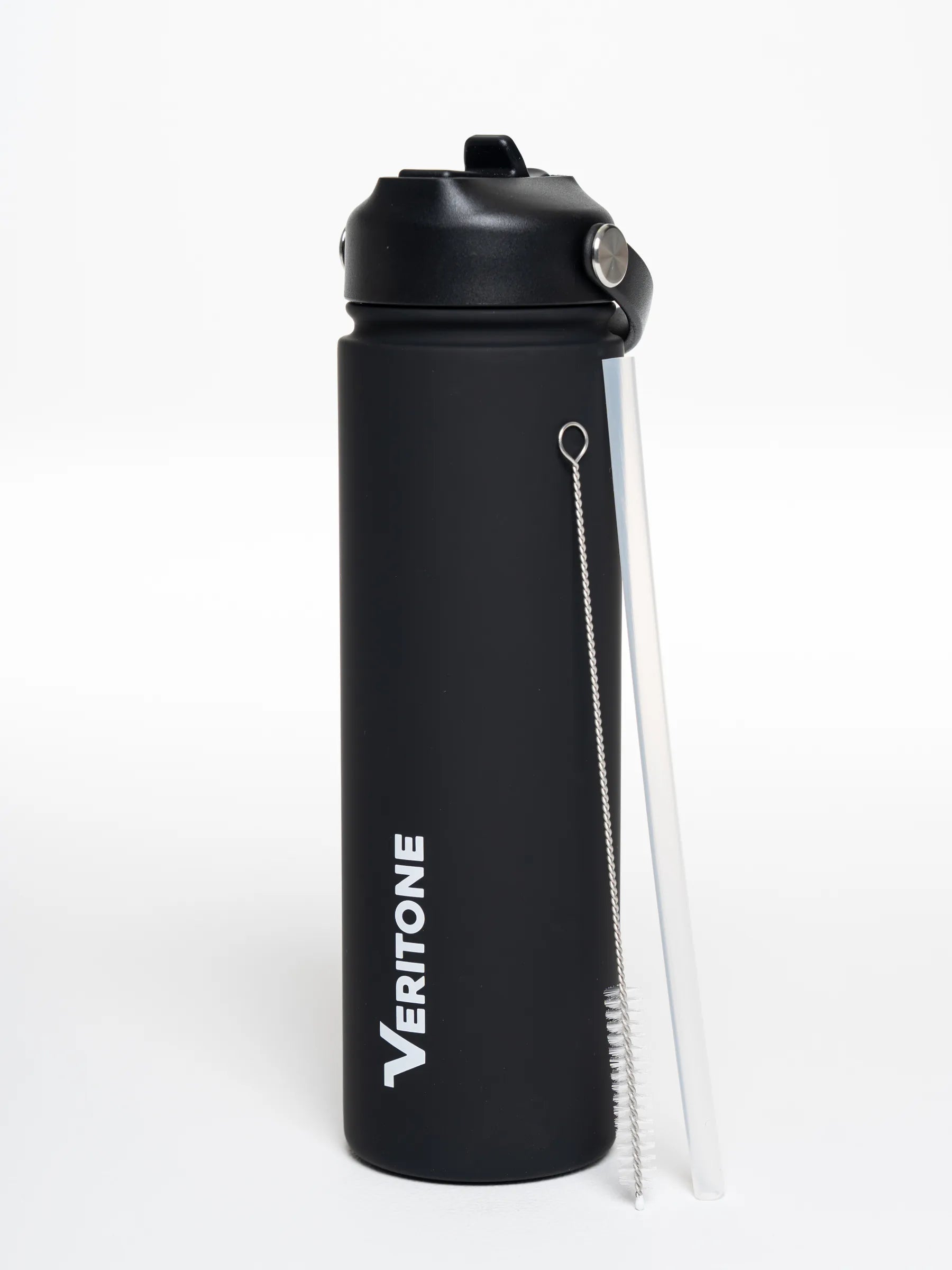 Veritone Hydration Bottle, Midnight Black – Black water bottle with 'Veritone' logo on a white background