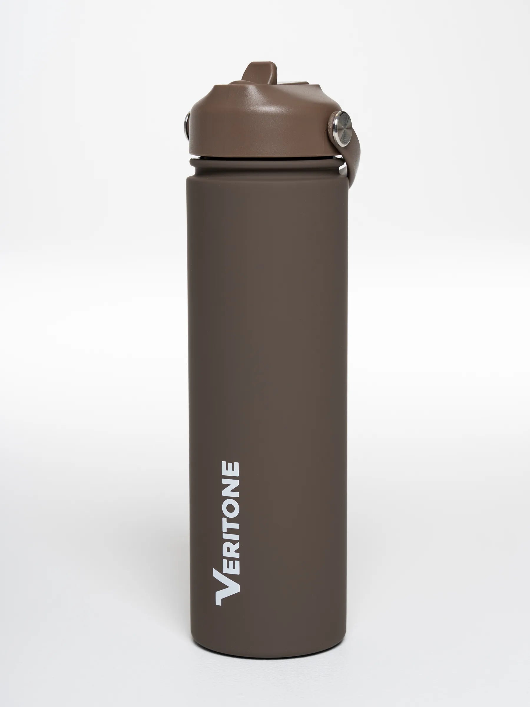 Veritone Hydration Bottle, Mocha Brown – Brown water bottle with 'Veritone' logo on a white background