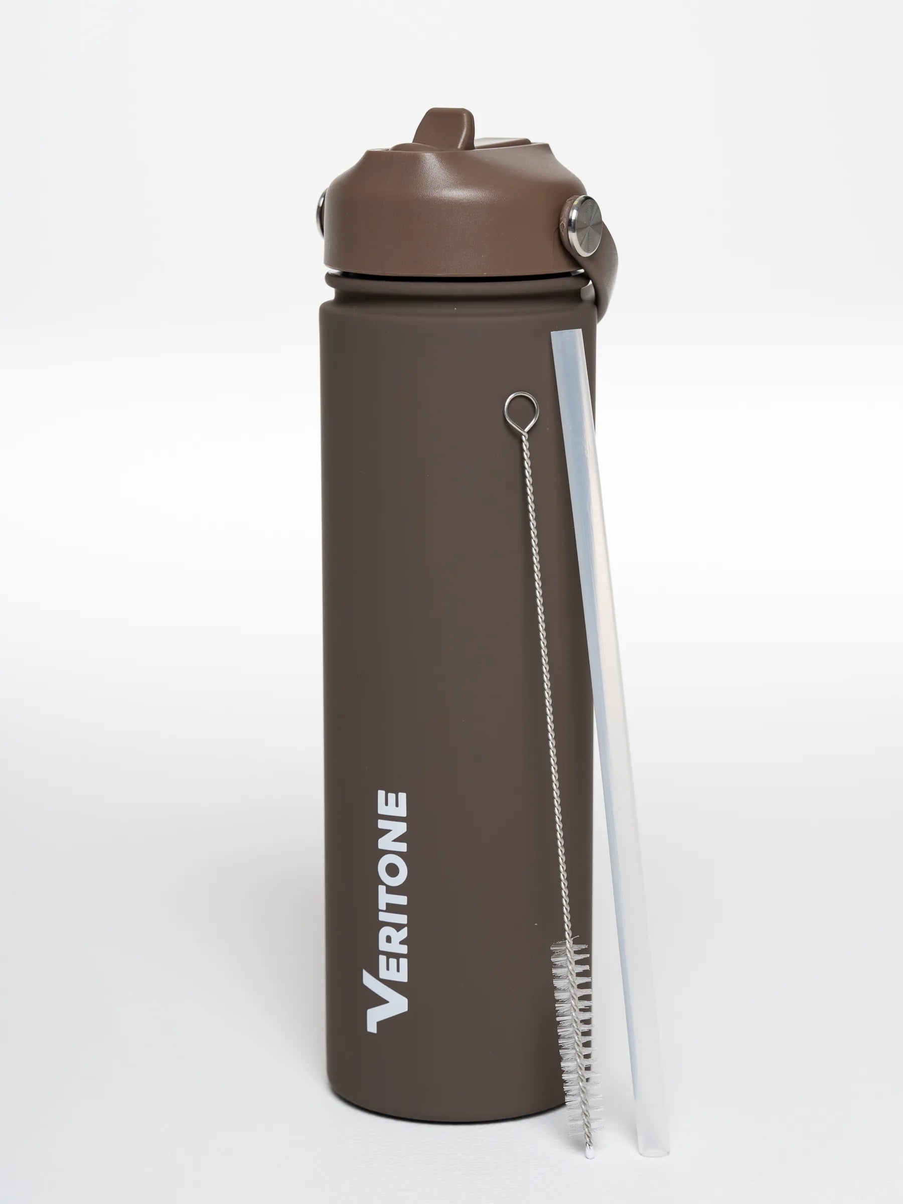 Veritone Hydration Bottle, Mocha Brown – Brown water bottle with straw and cleaning brush on a white background, featuring the Vertitone brand.