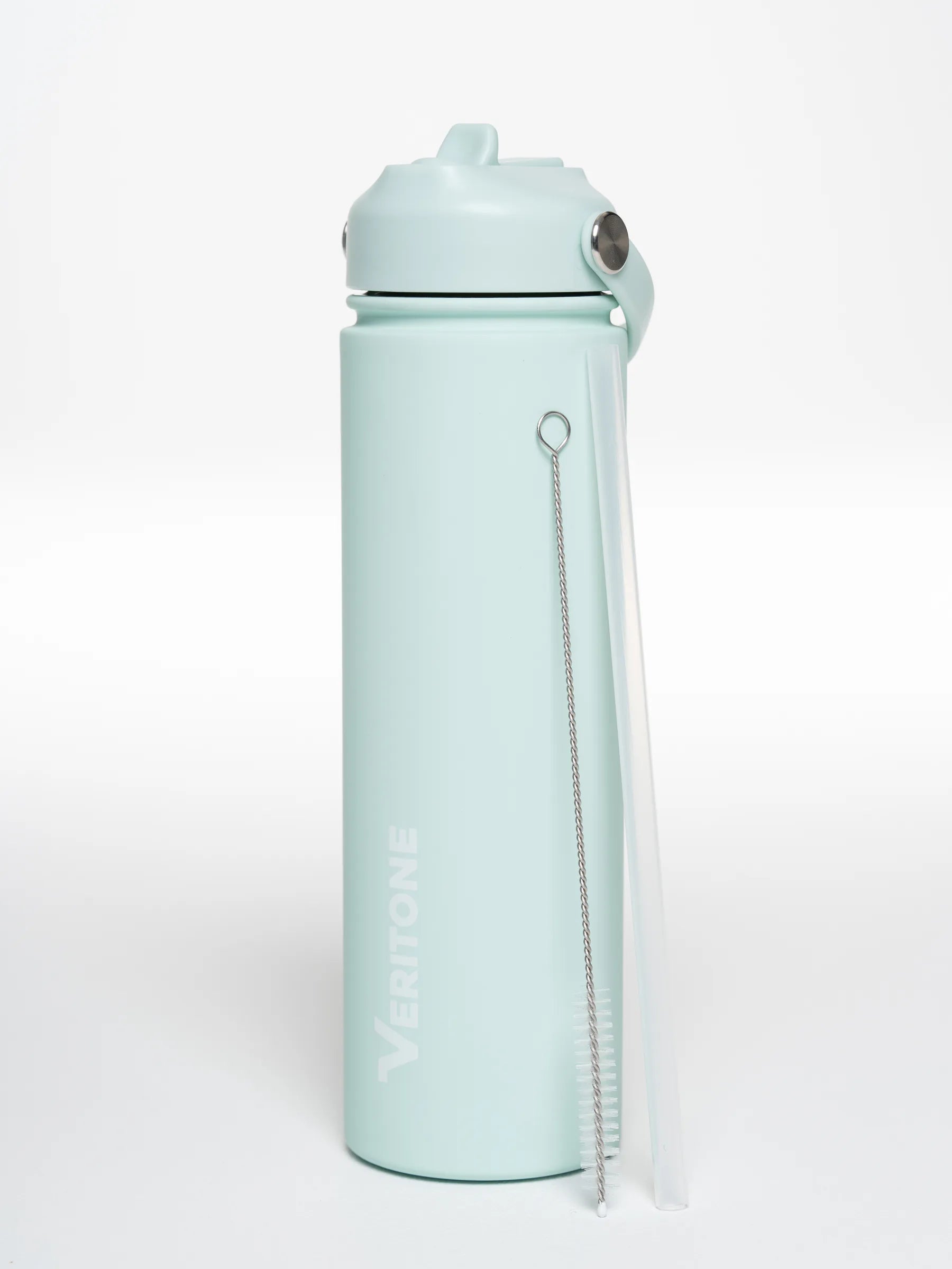 Veritone Hydration Bottle, Ocean Mist – Light blue water bottle with a straw on a white background