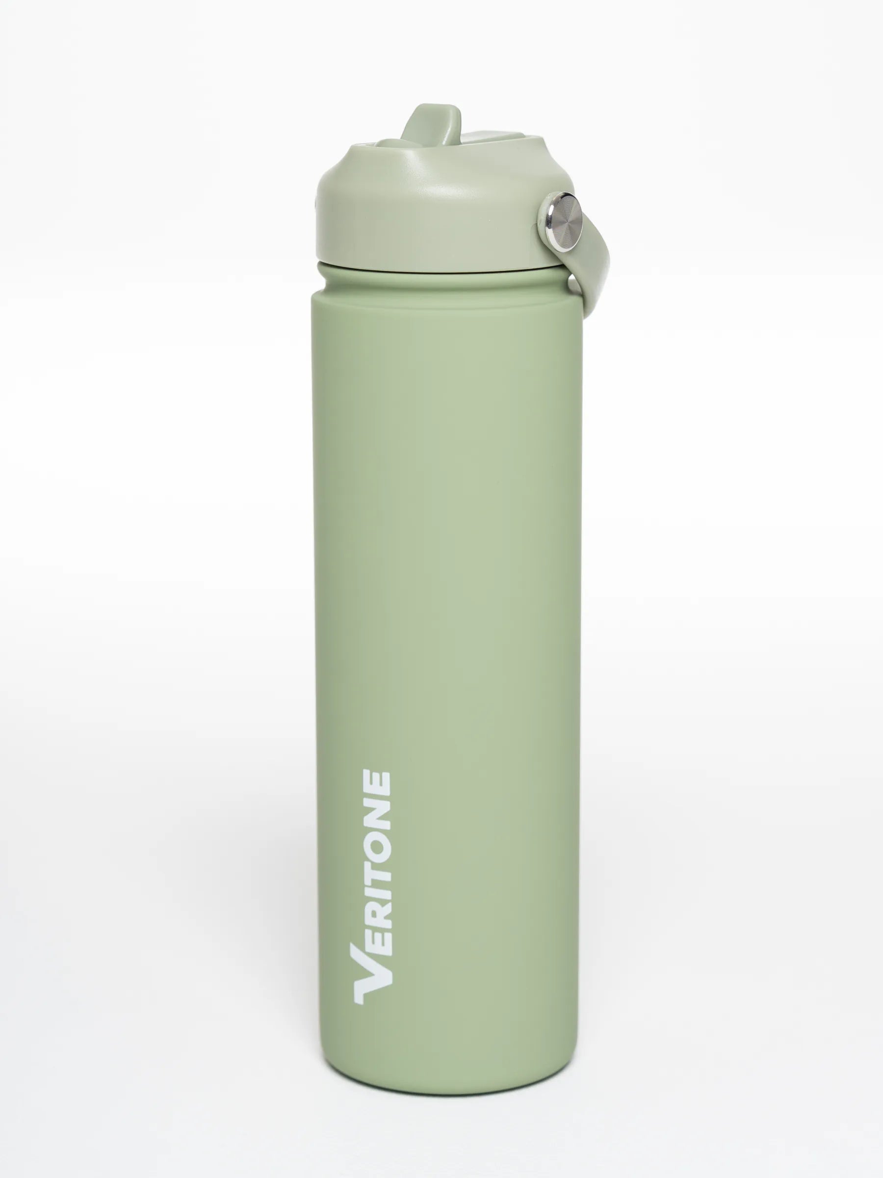 Veritone Hydration Bottle, Olive Stone – Green water bottle with 'Veritone' logo on a white background