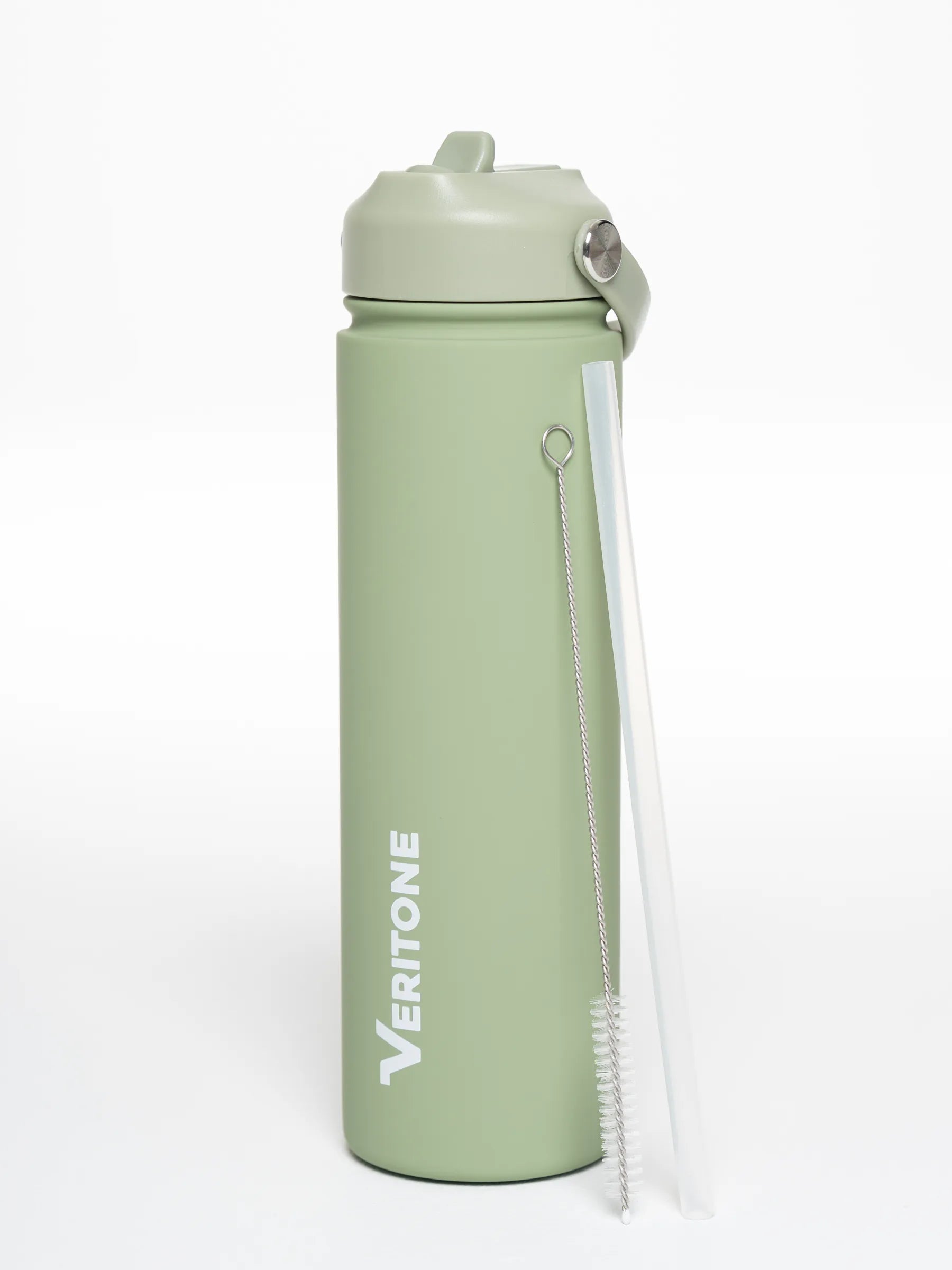 Veritone Hydration Bottle, Olive Stone – Green water bottle with straw, cleaning brush and carrying strap on a white background