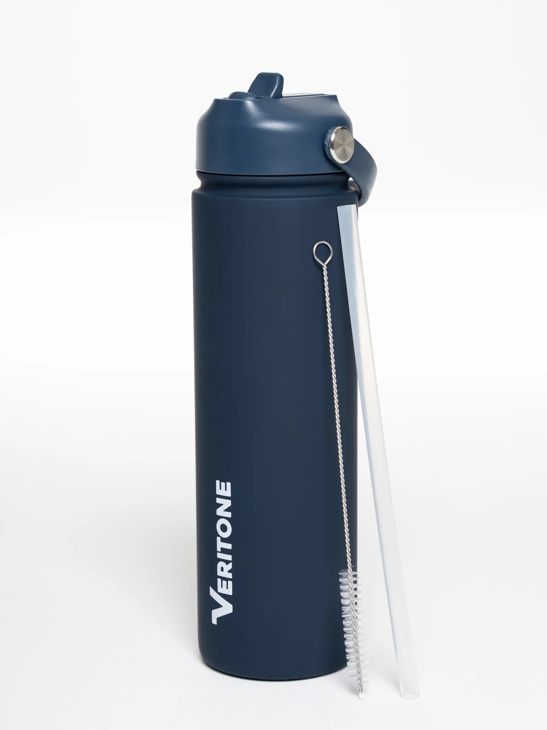 Veritone Hydration Bottle, Storm Blue – Navy blue water bottle with straw and 'Veritone' branding on a white background