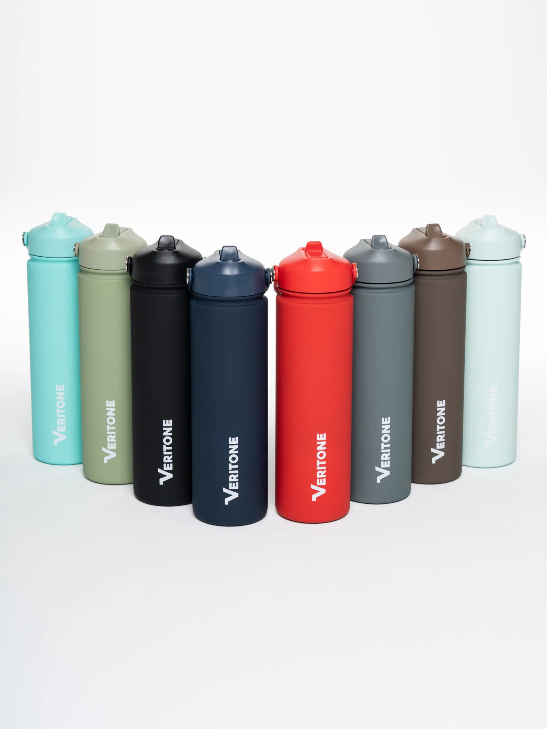 Row of colorful hydration bottles with 'Veritone' branding on a white background