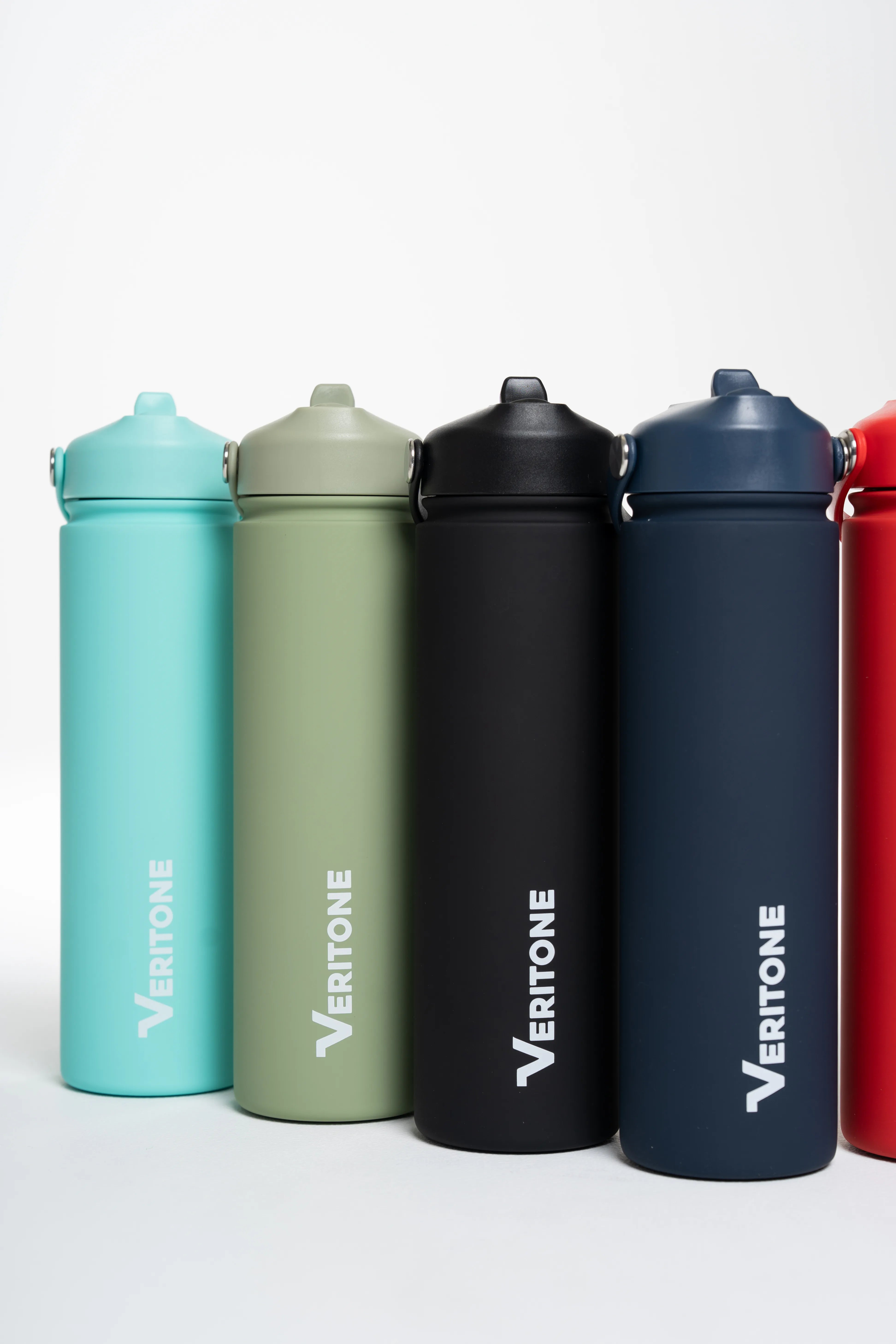 Five Veritone water bottles in different colors on a white background